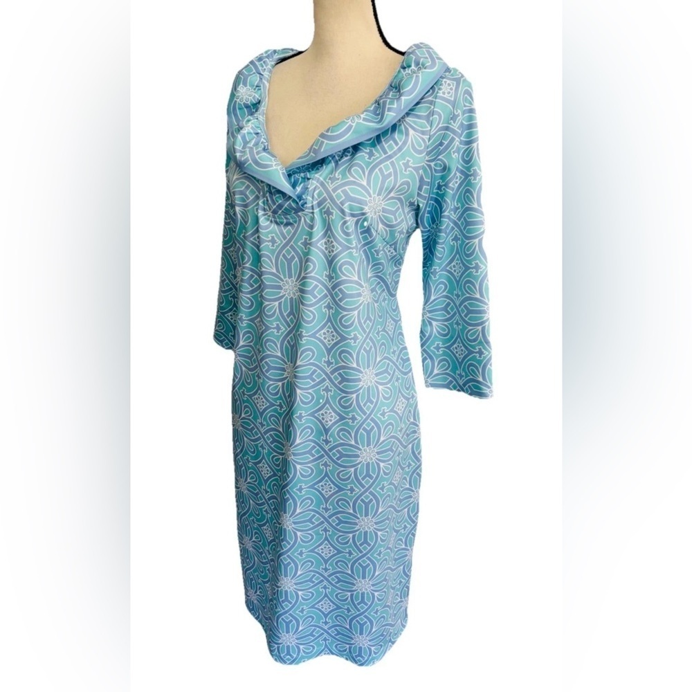 Gretchen Scott Jersey Ruffneck Dress Size S Piazza Blue Print Preppy Women’s - Picture 5 of 9